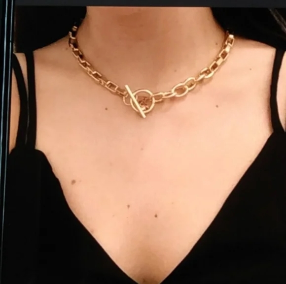 Gold Minimalist Link Chain Circle Toggle Necklace - Picture 2 of 4